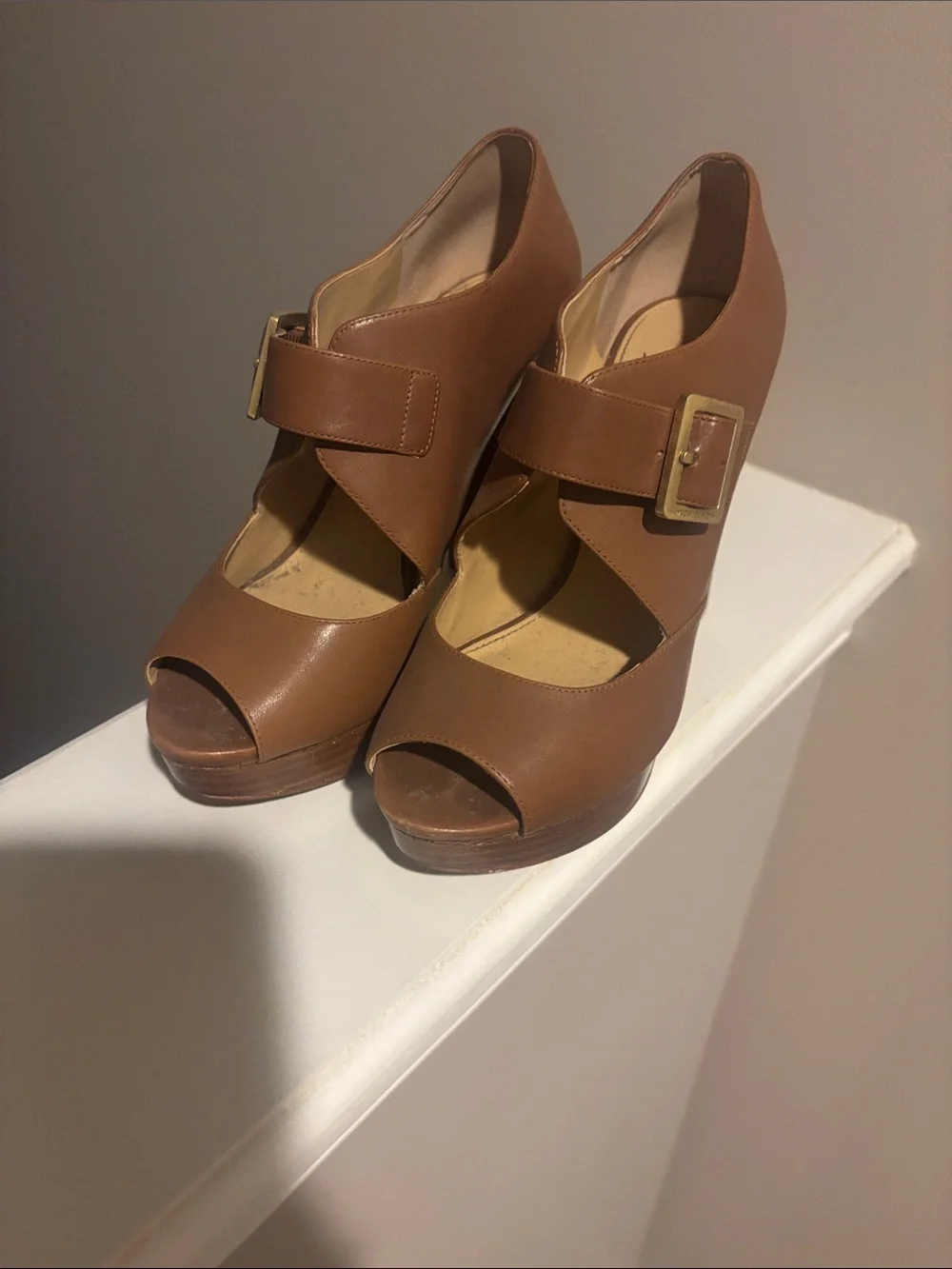 Michael Kors Tan Brown Peep-Toe Platform Heels with Buckle